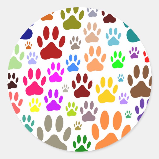 Colourful Dog Paw Prints All Over Classic Round Sticker (Front)