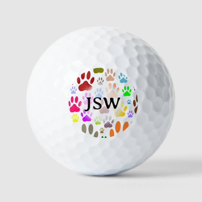 Colourful Dog Paw Prints All Over Custom Initials  Golf Balls (Front)