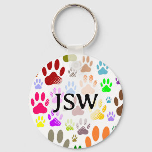 Colourful Dog Paw Prints All Over Custom Initials  Keychain
