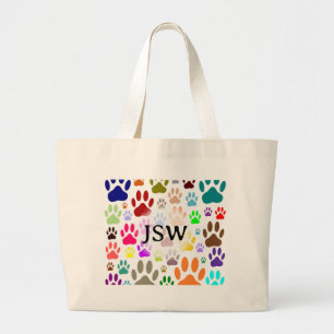 Colourful Dog Paw Prints All Over Custom Initials  Large Tote Bag