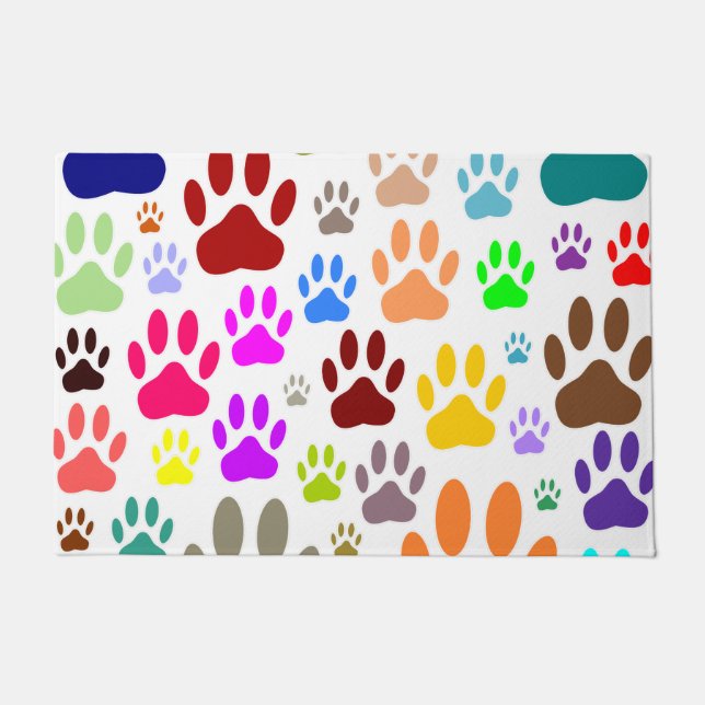 Colourful Dog Paw Prints All Over Doormat (Front)