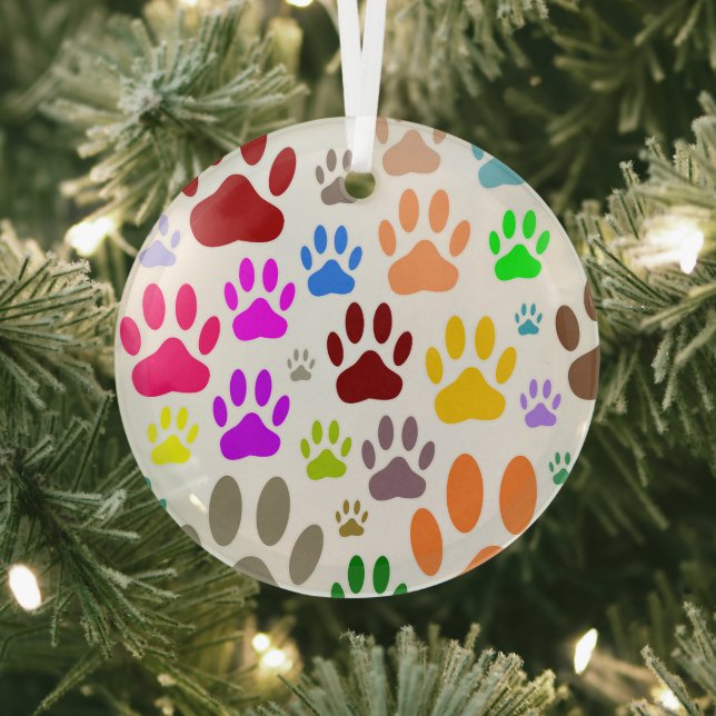 Colourful Dog Paw Prints All Over Glass Ornament (Insitu)