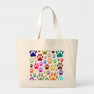 Colourful Dog Paw Prints All Over Large Tote Bag