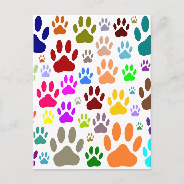 Colourful Dog Paw Prints All Over Postcard (Front)