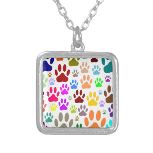 Colourful Dog Paw Prints All Over Silver Plated Necklace