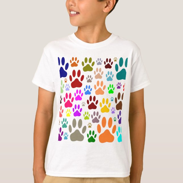 Colourful Dog Paw Prints All Over T-Shirt (Front)