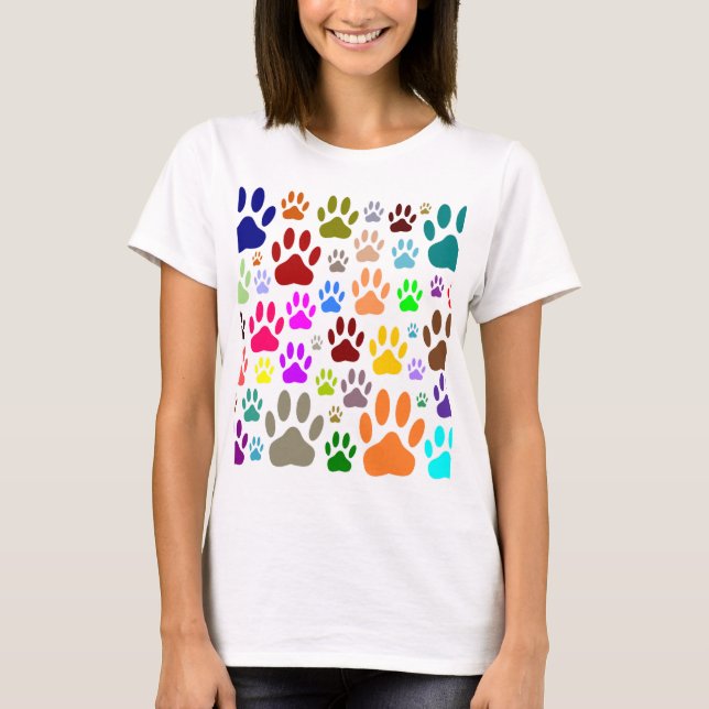 Colourful Dog Paw Prints All Over T-Shirt (Front)