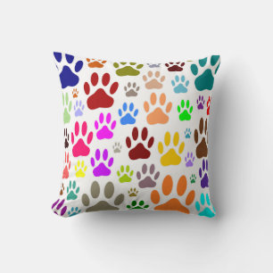 Colourful Dog Paw Prints All Over Throw Pillow