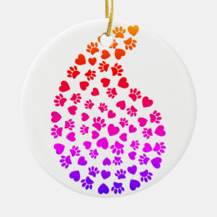 Colourful Dog Paw Prints And Hearts Paisley Patter Ceramic Ornament