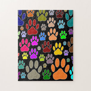 Colourful Dog Paw Prints On Black Jigsaw Puzzle
