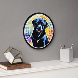 Colourful Dog Portrait in Rainbow Mosaic Circle Large Clock