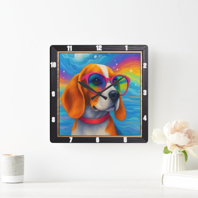 Colourful Dog Sunglasses Pop Art Square Wall Clock (Home)
