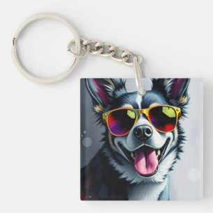 Colourful Dog with Sunglasses Keychain