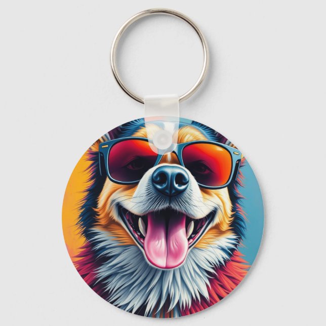 Colourful Dog with Sunglasses Keychain (Front)