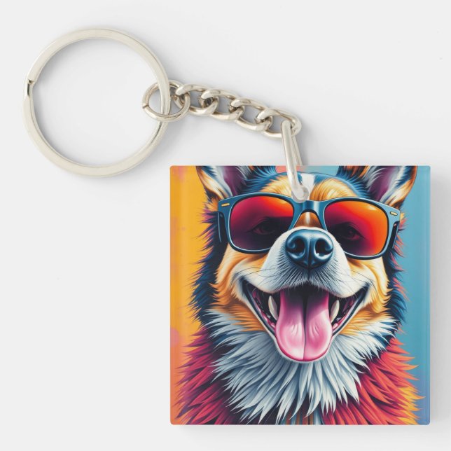 Colourful Dog with Sunglasses Keychain (Front)