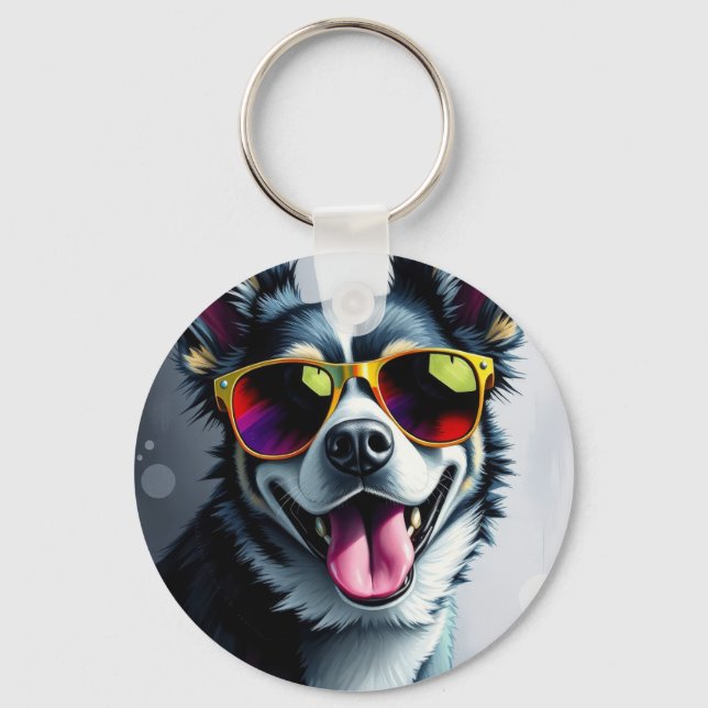 Colourful Dog with Sunglasses Keychain (Front)