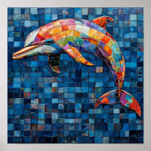 Colourful Dolphin Mosaic Ocean Wave Art 🐬🎨🌊✨🌈 Poster