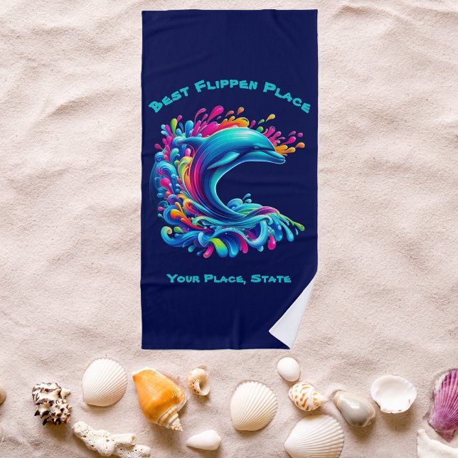 Colourful Dolphin Splash Beach Towel (Dolphin-Colorful Dolphin-Beach Towel-Summer Towel-Pool Towel-Dark Blue)