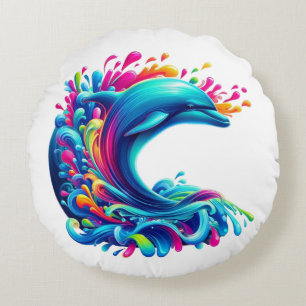 Colourful Dolphin Splash Round Pillow