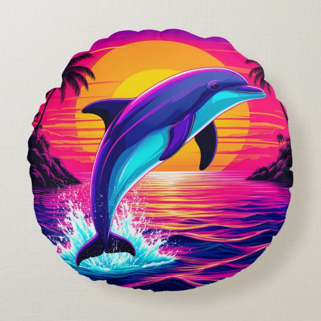 Colourful Dolphin  Vibrant Tropical Sunset Round Pillow (Front)