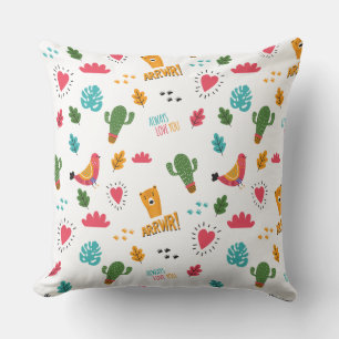 Colourful Doodle Animals And Words Pattern Throw Pillow