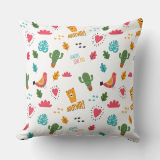 Colourful Doodle Animals And Words Pattern Throw Pillow