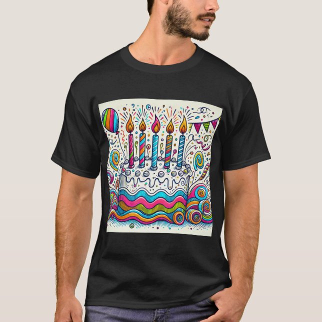 Colourful Doodle Birthday Cake Design Mens tshirt (Front)