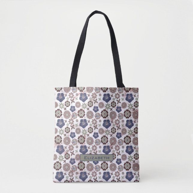 Colourful doodle floral pattern personalized name  tote bag (Front)