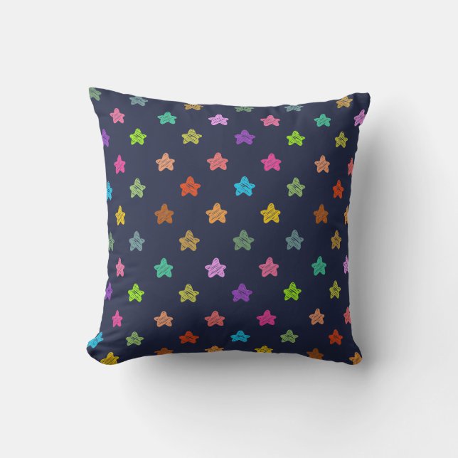 Colourful Doodle Fun Stars Pattern on Blue Throw Pillow (Front)