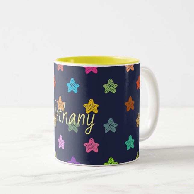 Colourful Doodle Hearts on Blue Two-Tone Coffee Mug (Front Right)