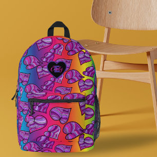 Colourful Doodle Hearts on Rainbow Gradient Name  Printed Backpack