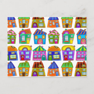 Colourful Doodle Quirky Detached Residential House Postcard