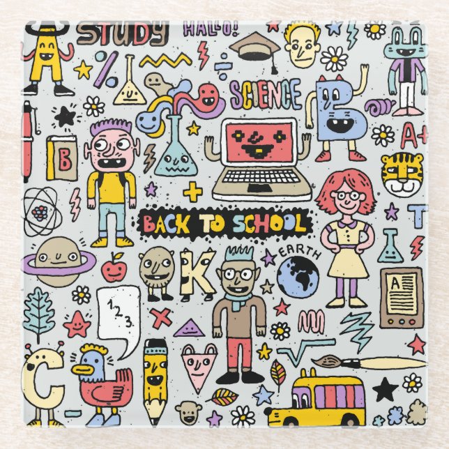 Colourful Doodle School Vintage Set Glass Coaster (Front)