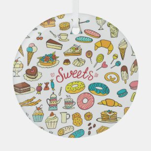 Colourful doodle sweets: dessert design glass ornament