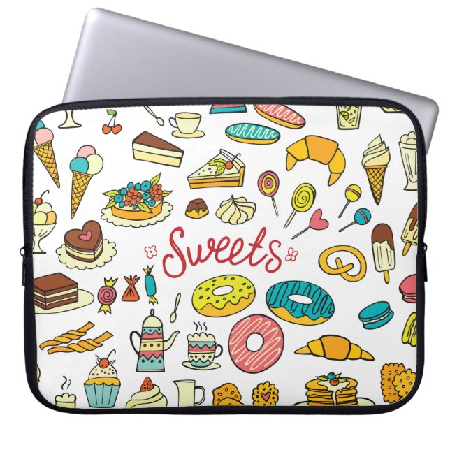 Colourful doodle sweets: dessert design laptop sleeve (Front)