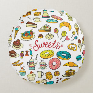 Colourful doodle sweets food on white. Vintage ill Round Pillow
