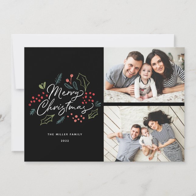 Colourful Doodles Merry Christmas 2 Photo Black Holiday Card (Front)