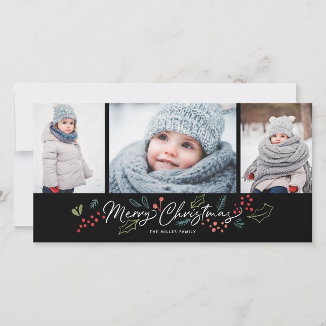 Colourful Doodles Merry Christmas 3 Photo Black Holiday Card (Front)