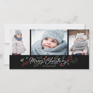 Colourful Doodles Merry Christmas 3 Photo Black Holiday Card