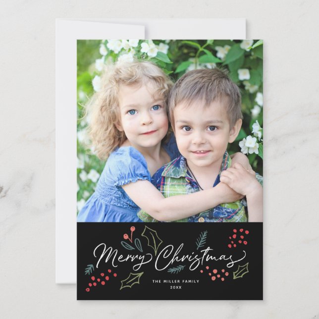 Colourful Doodles Merry Christmas Photo Black Holiday Card (Front)