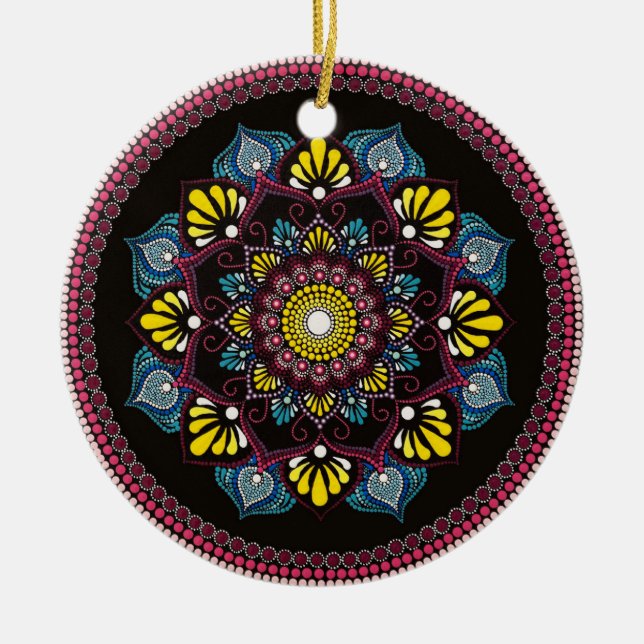 Colourful Dot Art Mandala | Sacred Geometry Boho Ceramic Ornament (Front)