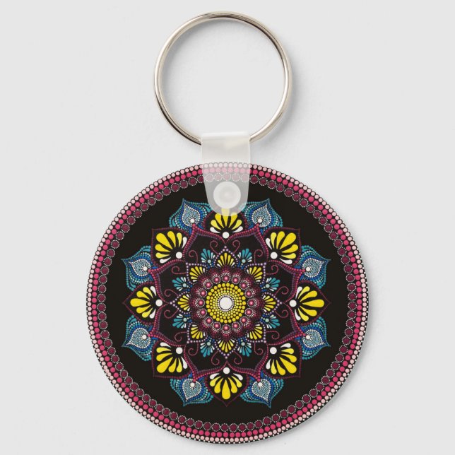 Colourful Dot Art Mandala | Sacred Geometry Boho Keychain (Front)