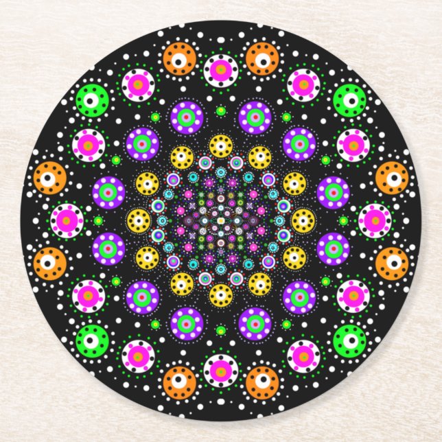 Colourful Dot Mandala   Round Paper Coaster (Front)
