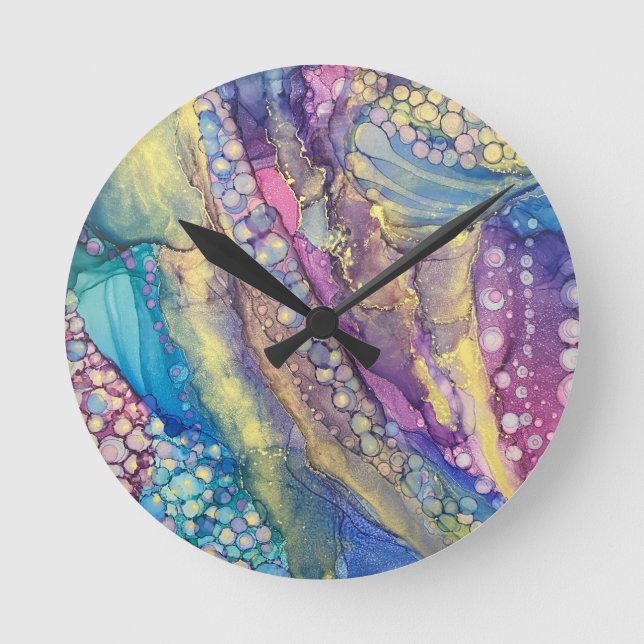 Colourful Dots Alcohol Ink Liquid Abstract Art Round Clock (Front)