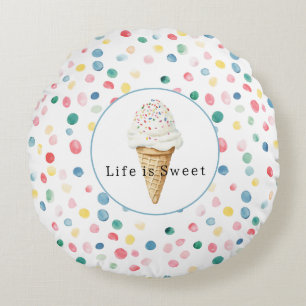 Colourful Dots Confetti Ice Cream Cone Sweet Life Round Pillow