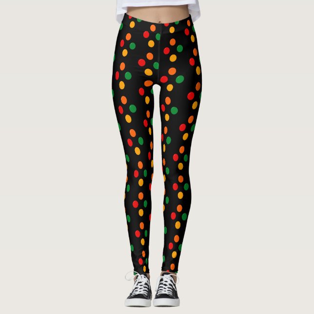 Colourful Dots on Black Mid Century Modern Retro Leggings (Front)
