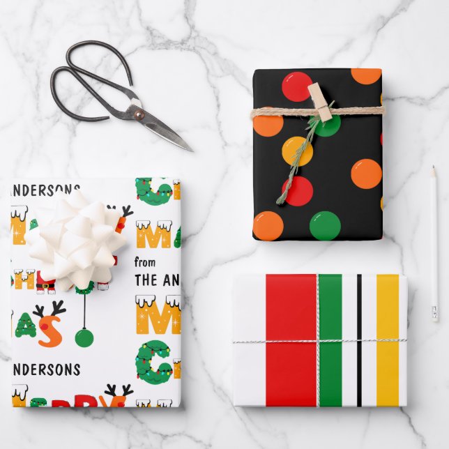Colourful Dots& Stripes Pattern with Name Christma Wrapping Paper Sheet (Front)