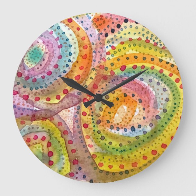 Colourful Dotted Watercolor Spirals Large Clock (Front)