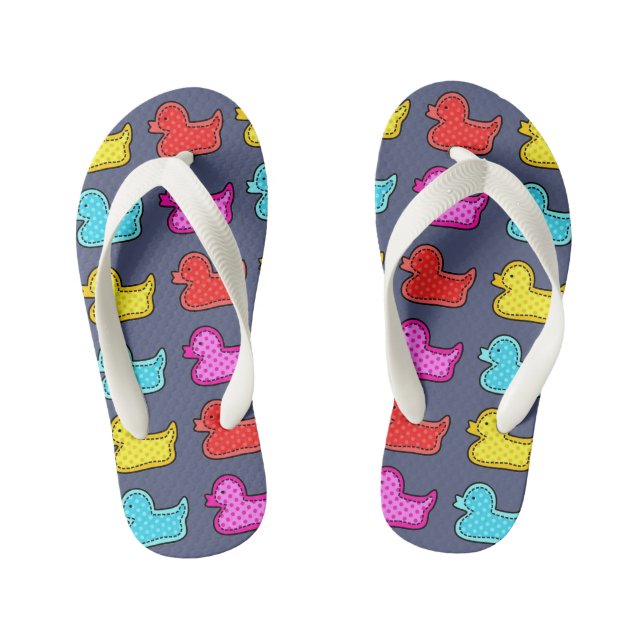 Colourful Dotty Duck Pattern on Blue Kid's Flip Flops (Footbed)