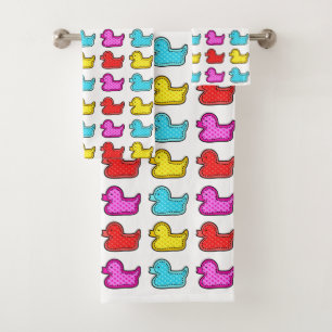 Colourful Dotty Duck Pattern White Bath Towel Set